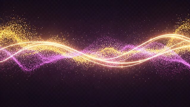 Golden glitter particles with shimmering light trail and magical dust swirl creating a bright festive abstract wave overlay  - Powered by Adobe