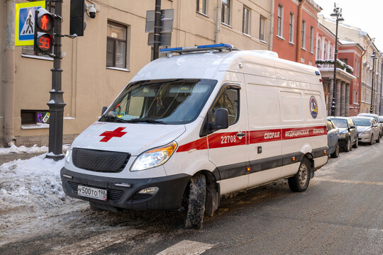 SAINT PETERSBURG, RUSSIA - JANUARY 12, 2026: Ambulance is close-up. Saint-Petersburg
