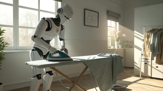 Robot ironing clothes on ironing board in a sunlit room, cinematic motion, stock media footage