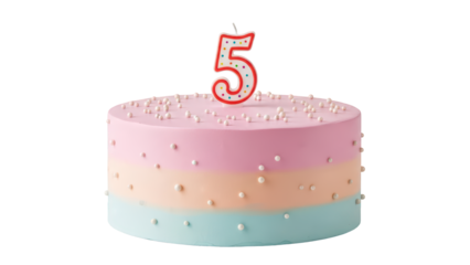 Pastel blue and pink birthday cake with number 5 candle on transparent background PNG (5 नंबर का पेस्टल केक)