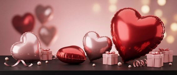 Neon translucent 3D hearts float against an abstract black-purple bokeh gradient background with glowing edges and varied depth of field, for contemporary Valentine's Day marketing