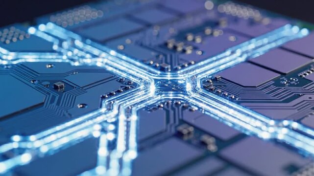 Quantum Computing Breakthroughs concept. Close-up of a modern microchip with intricate circuitry and vibrant colors.