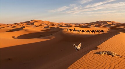 Saharan Desert Panorama: Camel Caravan with Fennec Fox and Lizard at Golden Hour
