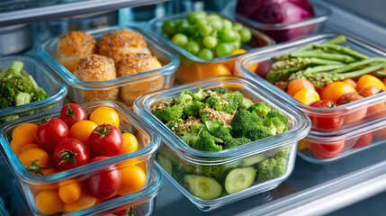 Glass containers organized in refrigerator, healthy meal prep storage, weekly planning system, clean eating organization, with copy space