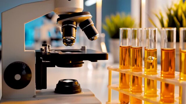 Laboratory microscope beside glass tubes filled with amber solution showing analytical research setup precision instruments and scientific workflow