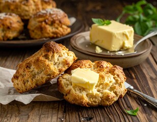 Freshly baked scones with butter, rustic tabletop, no people, no text