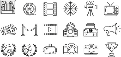 Cinema and film production outline icon set featuring camera popcorn tickets awards and media symbols, minimalist entertainment illustration isolated on white background