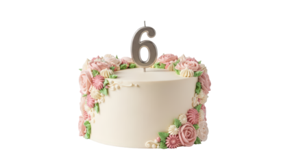 Elegant white floral birthday cake with number 6 candle on transparent background PNG (6 नंबर का फूलों वाला केक)