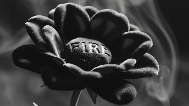 Black and White Macro Shot of a Flower with the Word Fire Engraved with a Smoky Background