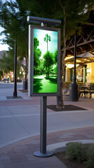 Modern digital display showing lush green palm trees in an urban commercial area at dusk. Outdoor street kiosk advertising concept.