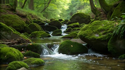 Fototapeta premium Small forest stream with mossy stones
