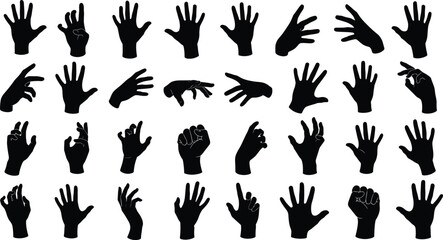 black hand silhouettes showing diverse gestures and positions, representing communication, anatomy, expression, and non-verbal interaction for design and educational use
