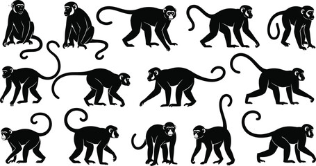 Black monkey silhouette collection with multiple walking and sitting poses isolated on white background, minimalist primate vector illustration set © Moslama
