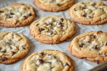 Delicious chocolate chip cookies cooling on a baking sheet after coming out of the oven