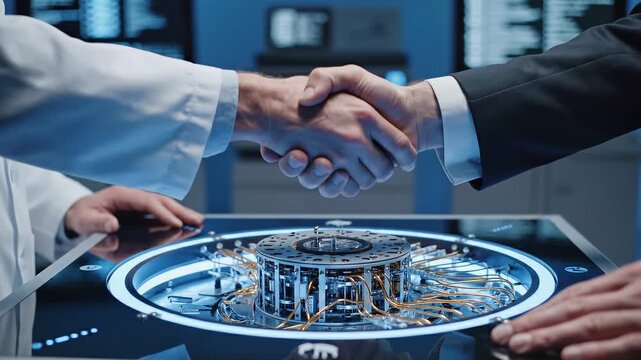 Quantum Computing Breakthroughs concept. Collaboration in technology with a handshake over a futuristic device.