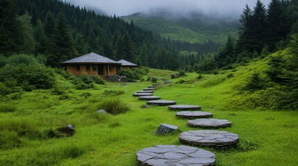 Serene Retreat: A stone path leads toward quaint wooden cabins nestled in a lush green valley, surrounded by towering evergreens and misty mountains, embodying tranquility and inviting exploration.