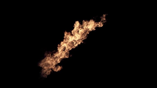 A realistic flamethrower flame burst with black smoke on an alpha channel background.