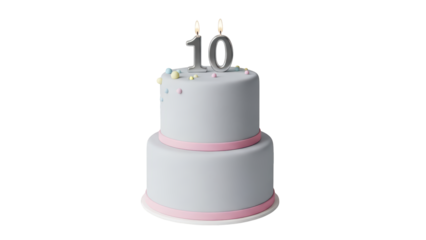 Two-tier light purple birthday cake with pink ribbon and number 10 candle on transparent background PNG (10 नंबर की मोमबत्ती के साथ दो मंजिला बैंगनी जन्मदिन केक)