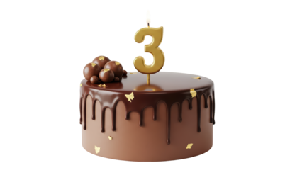 Rich chocolate birthday cake with truffle balls and number 3 candle on transparent background PNG (3 नंबर की मोमबत्ती के साथ शानदार चॉकलेट केक)