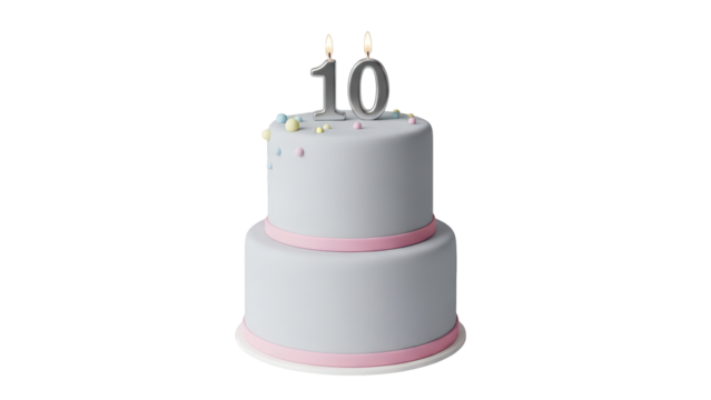 Two-tier light purple birthday cake with pink ribbon and number 10 candle on transparent background PNG (10 नंबर की मोमबत्ती के साथ दो मंजिला बैंगनी जन्मदिन केक) - Powered by Adobe