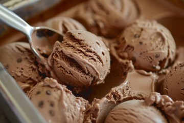 Metal spoon scooping a ball of chocolate ice cream from a metal container, showing its creamy texture