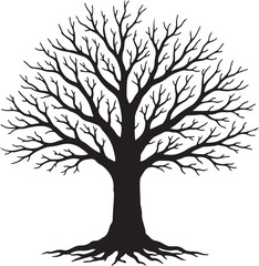 Obraz premium Black tree silhouette with detailed branches and roots on white background, minimal vector illustration ideal for nature, life tree, logo, wall art, print and stock use.