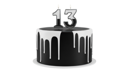 Stylish black cake with white icing drip and number 13 candle on transparent background PNG (13 नंबर की मोमबत्ती के साथ स्टाइलिश काला केक)