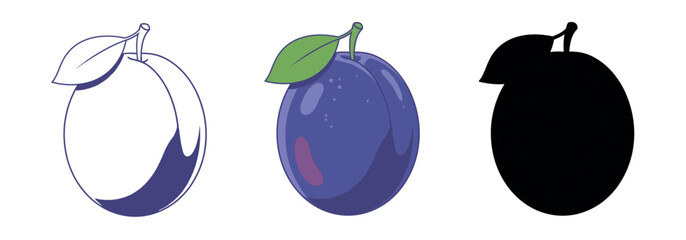 Set of plum illustrations including a stylized line drawing, a realistic colored version, and a solid black silhouette.