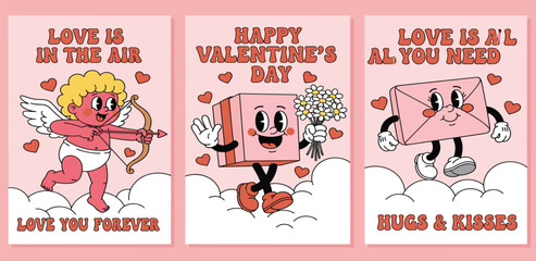 Obraz premium Three delightful retro cartoon Valentine's Day cards featuring whimsical Cupid, a joyful gift, and a charming love letter character, celebrating affection and romantic sentiments