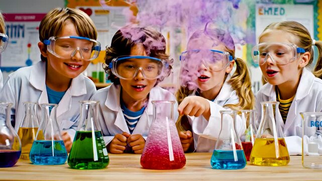 Children performing colorful chemistry experiments in classroom lab with glass flasks excitement curiosity and hands on science learning