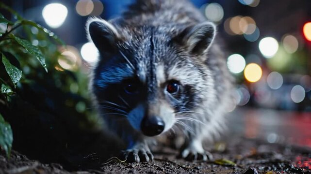 Nocturnal raccoon foraging in urban environment with blurry street lights and lush greenery in a night scene