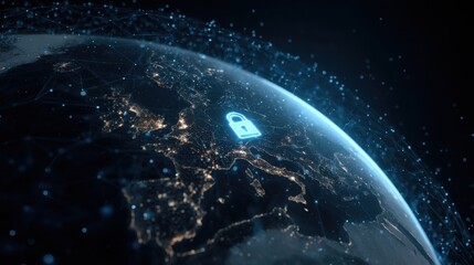 Glowing Lock Icon Over Earth Representing Cybersecurity and Digital Protection in Modern Global Network