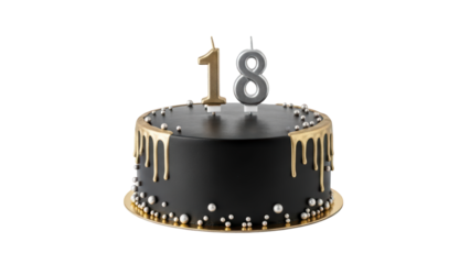 Elegant black birthday cake with gold drip and number 18 candle on transparent background PNG (18 नंबर की मोमबत्ती के साथ सुरुचिपूर्ण काला जन्मदिन केक)