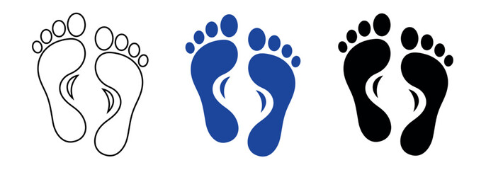 Human footprints set in outline, blue, and black styles. Symmetrical pair of feet soles showing arch and toes.