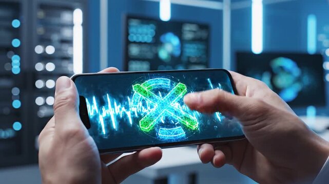 Quantum Computing Breakthroughs concept. A person using a smartphone in a tech-focused environment.
