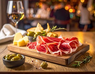 Photorealistic tapas board featuring jam&oacute;n ib&eacute;rico and other Spanish cuisine items in a cozy setting with wine at a restaurant