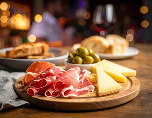 Photorealistic tapas board featuring jam&oacute;n ib&eacute;rico and other Spanish cuisine elements in a lively setting