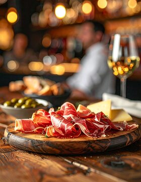 Delicious jamon iberico on a tapas board with olives and cheese in a Spanish bar setting during evening hours