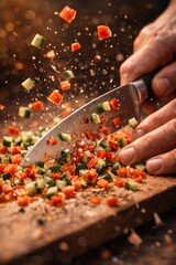A hand that is chopping vegetables.
