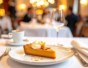 Enjoying Tarta de Santiago in a fine dining restaurant setting in Spain with elegant table arrangements and a warm atmosphere