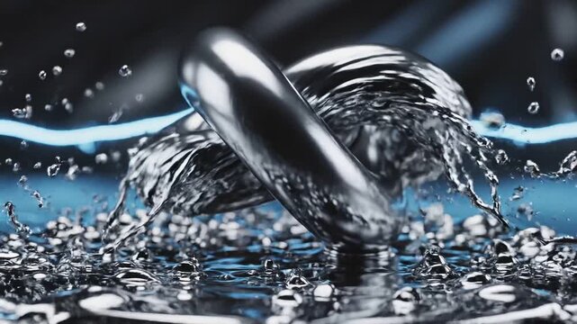 Quantum Computing Breakthroughs concept. A metallic knot surrounded by shimmering water droplets.