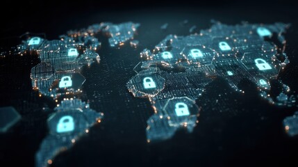 Glowing Hexagonal Map with Padlock Icons Representing Global Security Concepts and Data Protection Strategies