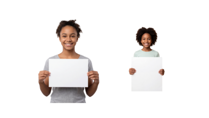 Two African American girls holding blank white posters isolated on transparent background. PNG image for advertising, education, marketing, announcement, presentation and promotional design.