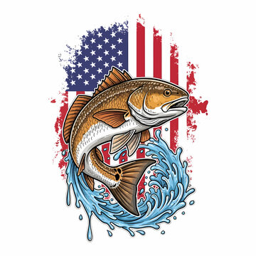 Red drum fish jumping with splashing water and American flag background