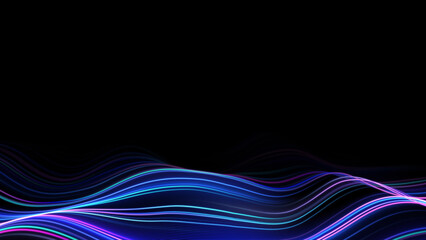 Obraz premium Multicolored wave lines glowing against black background. Light pulses travel across curved neon ribbons. Abstract ultraviolet spectrum visual with flowing energy motion futuristic digital design