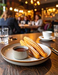 Firefly Churros con Chocolate served in a busy restaurant setting with diners enjoying their meals and drinks in the background