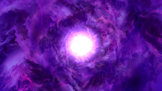 Purple colorful cloud tunnel travel concept. Pink purple black hole rotation deep space background 3D rendering. Supermassive black hole cinematic sci fi visual cosmic vortex energy motion abstract ga