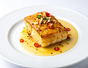 Bacalao al Pil Pil on a white plate showcasing Spanish cuisine with rich flavors and textures from cod and a vibrant sauce