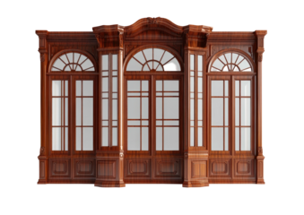 Ornate wood balcony facade with arched windows