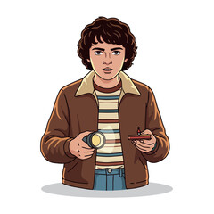 Illustration of Will Byers from Stranger Things holding a glowing flashlight and a small electronic device. Suspenseful mystery or adventure theme.